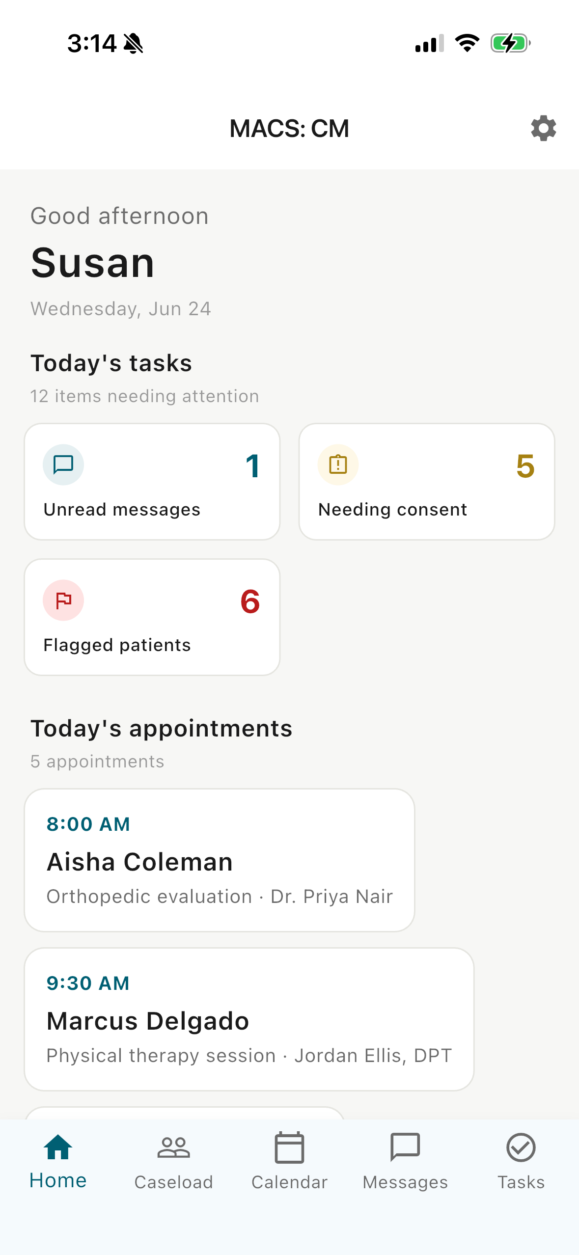 MACS field app for case managers showing today's tasks and appointments
