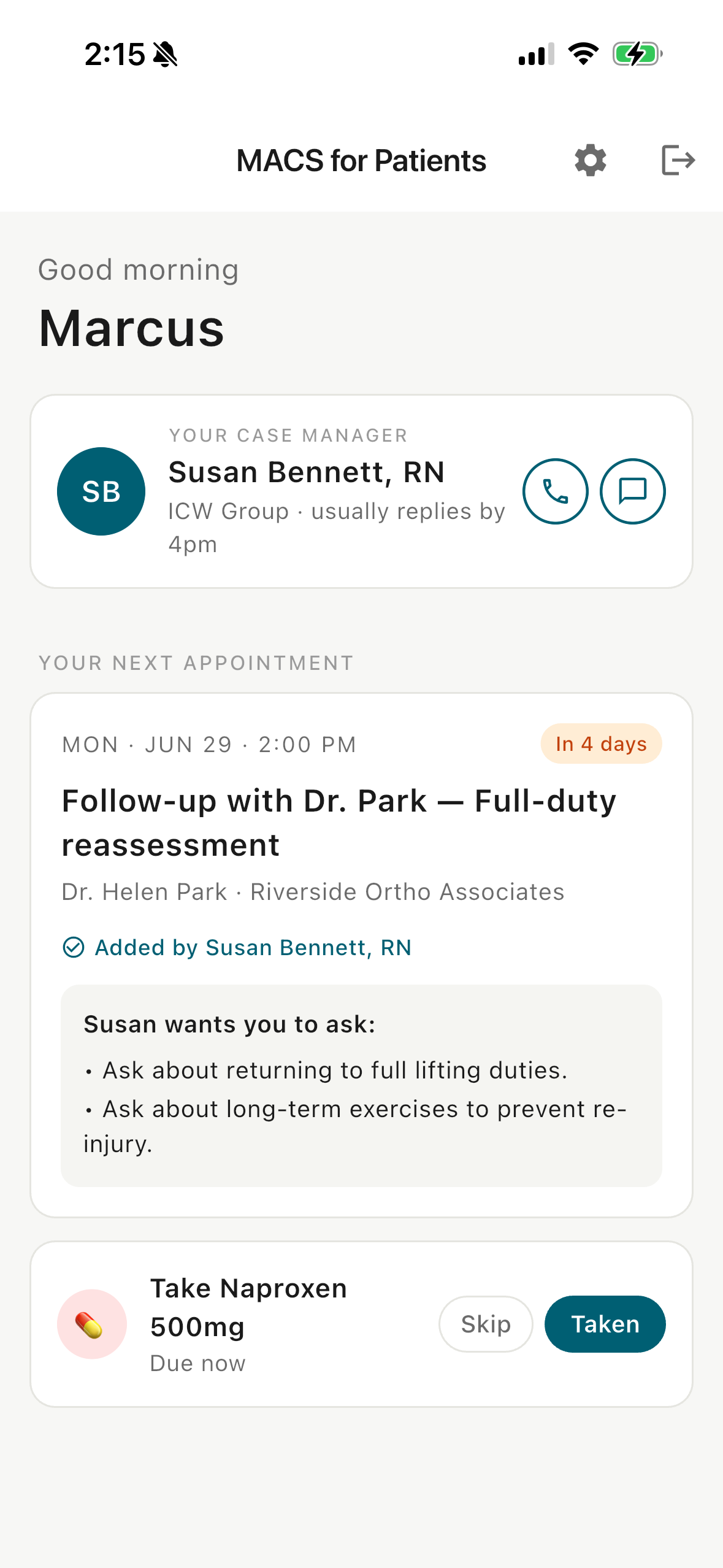 MACS claimant app showing the injured worker's case manager, next appointment with questions to ask, and medication reminders